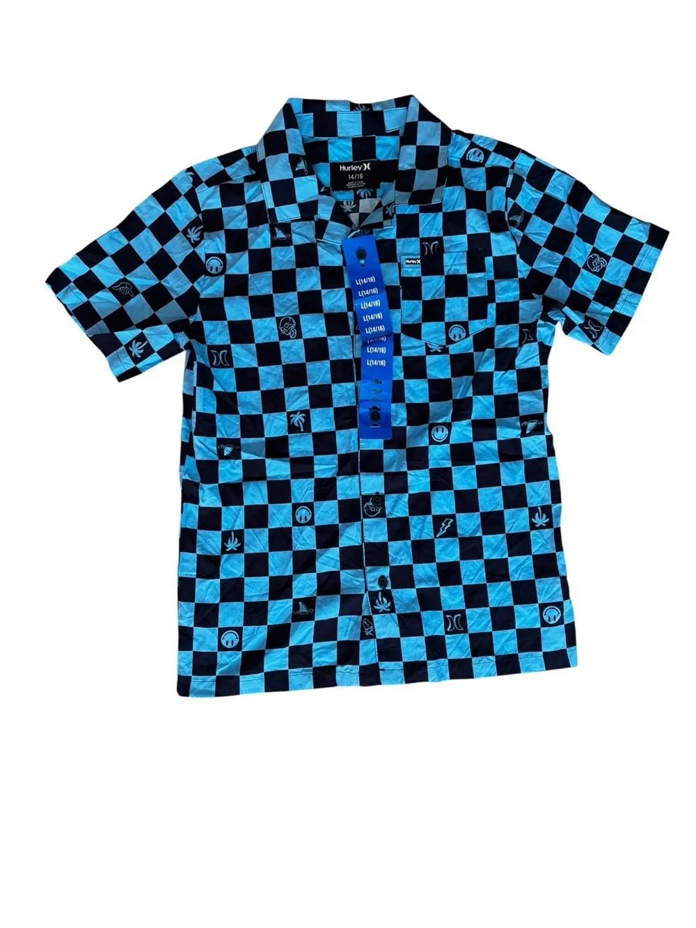 NWT Hurley Black and Light Blue Checkerboard Short Sleeve Shirt. Youth L (14-16)
